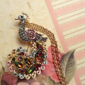 Peacock Necklace Brooch Pin Removable Chain 28 Inches 2 Inch Extender